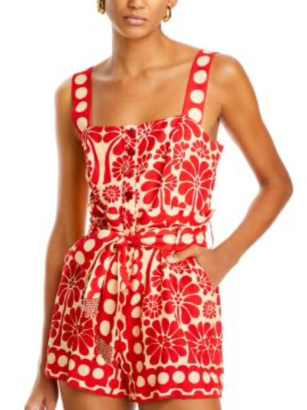 Farm Rio Palermo Romper Red and Cream Floral Tie-Waist Romper Sz M
